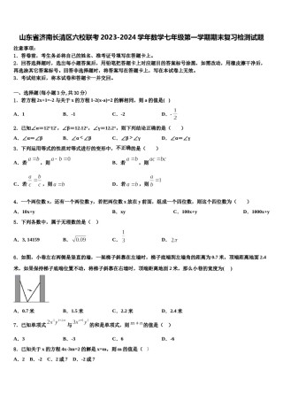 山东省济南长清区六校联考2023-2024学年数学七年级第一学期期末复习检测试题含解析.doc