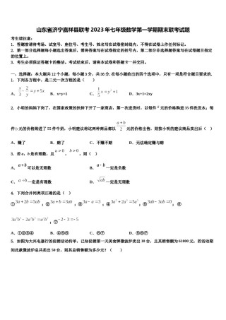 山东省济宁嘉祥县联考2023年七年级数学第一学期期末联考试题含解析.doc