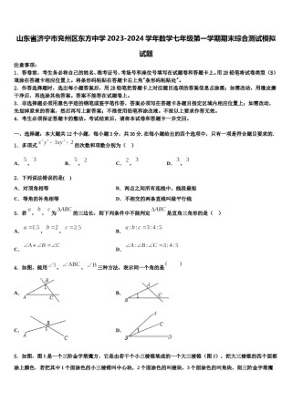 山东省济宁市兖州区东方中学2023-2024学年数学七年级第一学期期末综合测试模拟试题含解析.doc