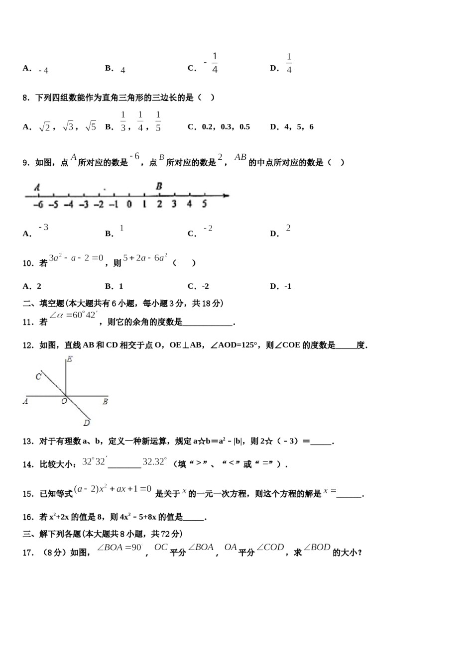 山东省济宁市鲁桥一中学2023-2024学年数学七上期末达标测试试题含解析.doc_第2页