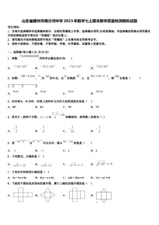 山东省滕州市南沙河中学2023年数学七上期末教学质量检测模拟试题含解析.doc