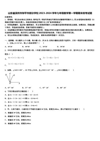 山东省滨州市邹平市部分学校2023-2024学年七年级数学第一学期期末统考试题含解析.doc