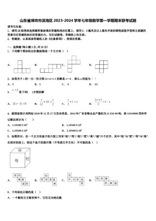 山东省潍坊市滨海区2023-2024学年七年级数学第一学期期末联考试题含解析.doc