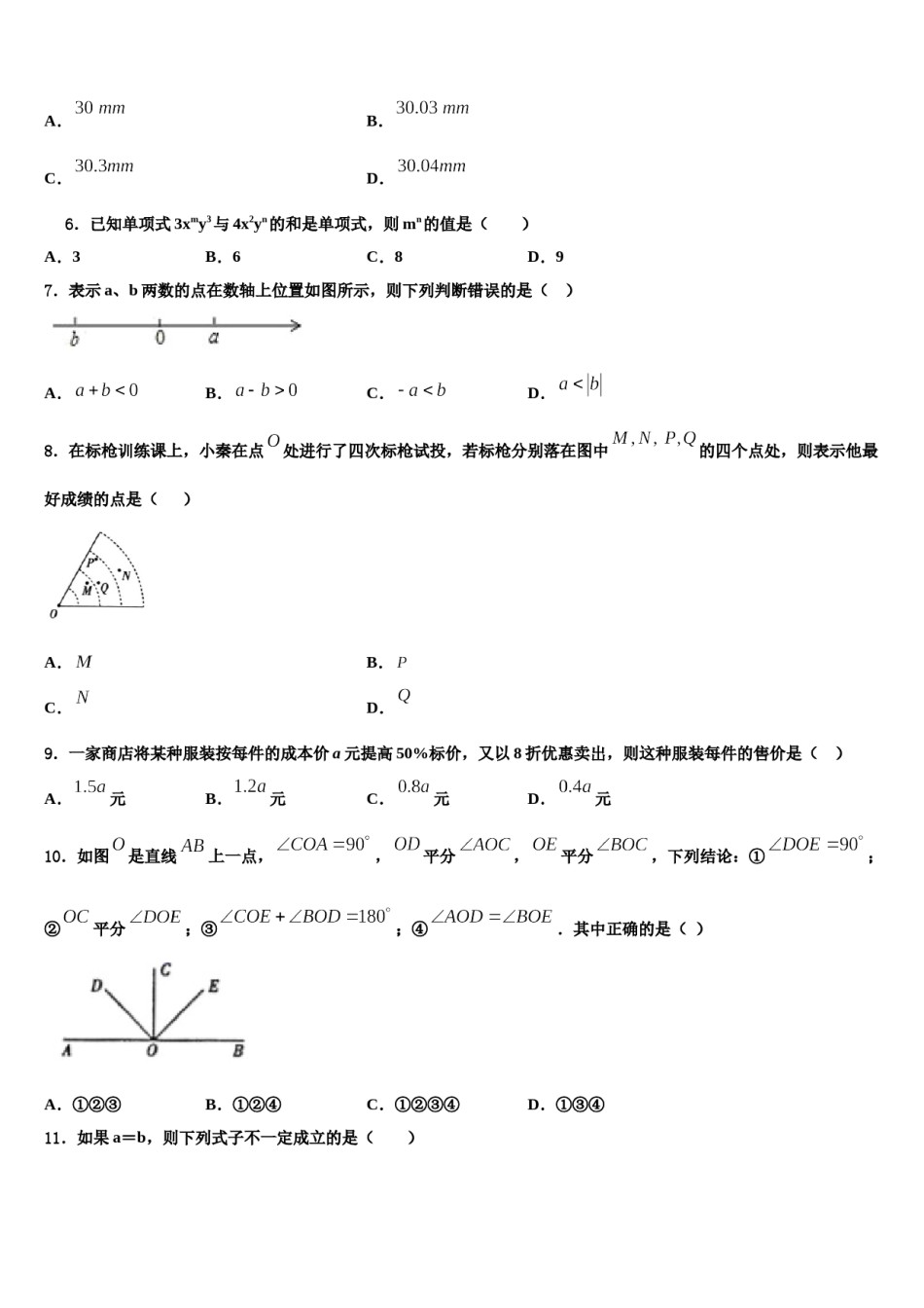 山东省聊城莘县联考2023-2024学年七年级数学第一学期期末综合测试试题含解析.doc_第2页