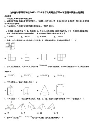 山东省邹平双语学校2023-2024学年七年级数学第一学期期末质量检测试题含解析.doc