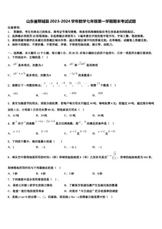 山东省郓城县2023-2024学年数学七年级第一学期期末考试试题含解析.doc