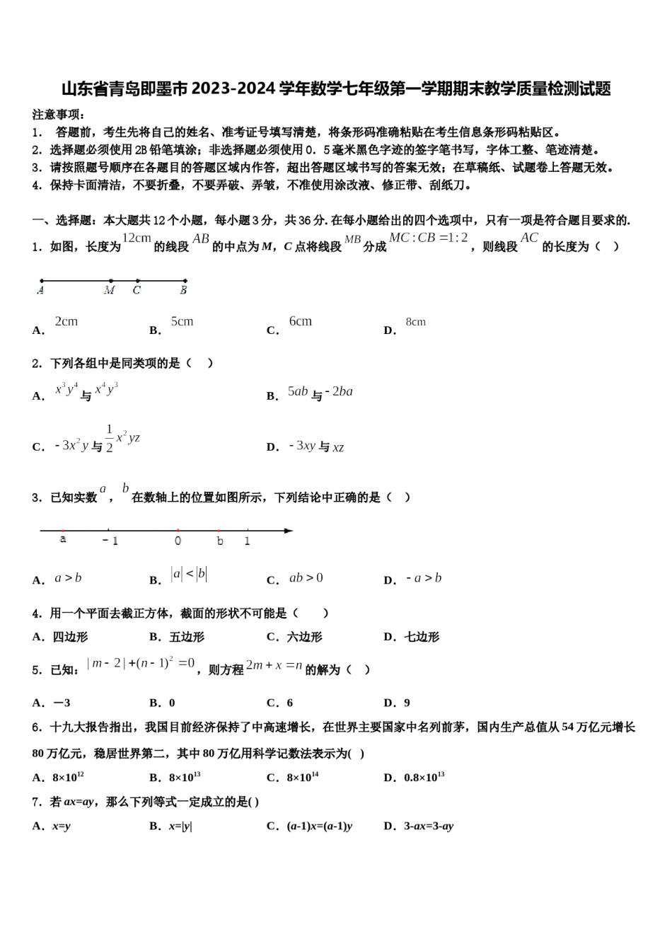 山东省青岛即墨市2023-2024学年数学七年级第一学期期末教学质量检测试题含解析.doc_第1页