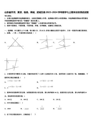 山东省齐河、夏津、临邑、禹城、武城五县2023-2024学年数学七上期末达标测试试题含解析.doc