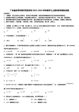 广东省东莞市南开实验学校2023-2024学年数学七上期末联考模拟试题含解析.doc