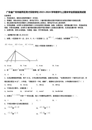 广东省广州市越秀区育才实验学校2023-2024学年数学七上期末学业质量监测试题含解析.doc