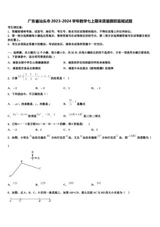 广东省汕头市2023-2024学年数学七上期末质量跟踪监视试题含解析.doc