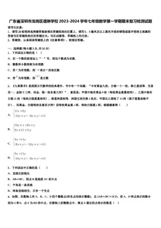 广东省深圳市龙岗区德琳学校2023-2024学年七年级数学第一学期期末复习检测试题含解析.doc