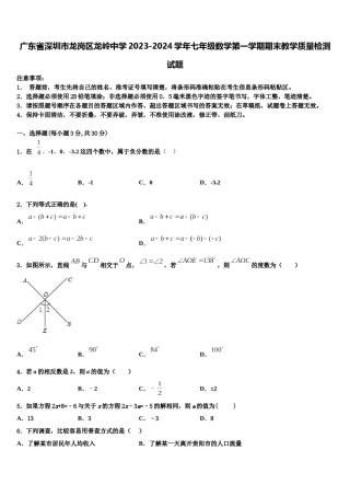 广东省深圳市龙岗区龙岭中学2023-2024学年七年级数学第一学期期末教学质量检测试题含解析.doc