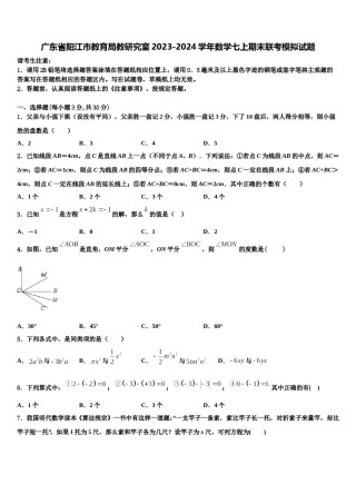 广东省阳江市教育局教研究室2023-2024学年数学七上期末联考模拟试题含解析.doc