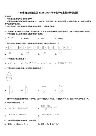 广东省阳江市阳东区2023-2024学年数学七上期末调研试题含解析.doc