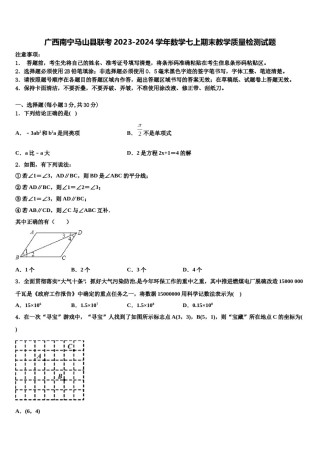 广西南宁马山县联考2023-2024学年数学七上期末教学质量检测试题含解析.doc