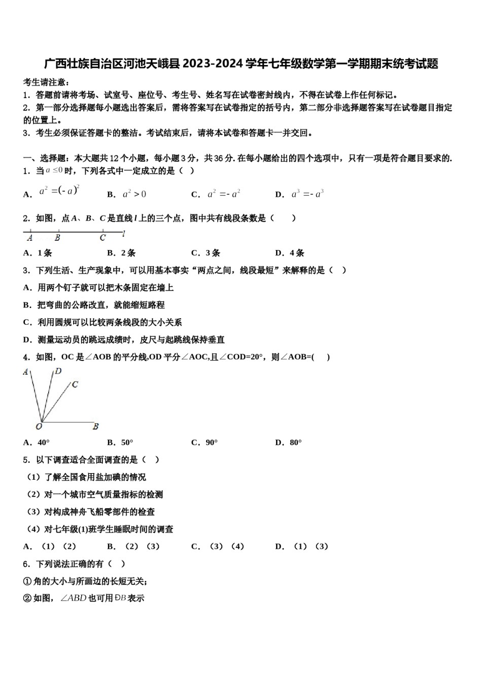 广西壮族自治区河池天峨县2023-2024学年七年级数学第一学期期末统考试题含解析.doc_第1页