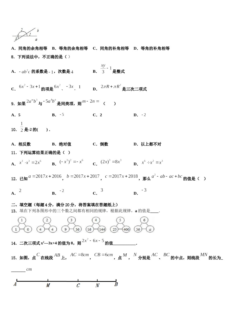 徽省临泉2023-2024学年数学七上期末质量跟踪监视试题含解析.doc_第2页