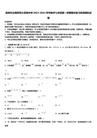 昆明市云南师范大实验中学2023-2024学年数学七年级第一学期期末复习检测模拟试题含解析.doc