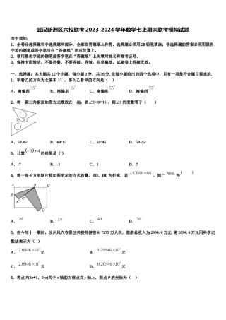 武汉新洲区六校联考2023-2024学年数学七上期末联考模拟试题含解析.doc