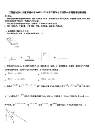 江苏盐城市大丰区草堰中学2023-2024学年数学七年级第一学期期末联考试题含解析.doc