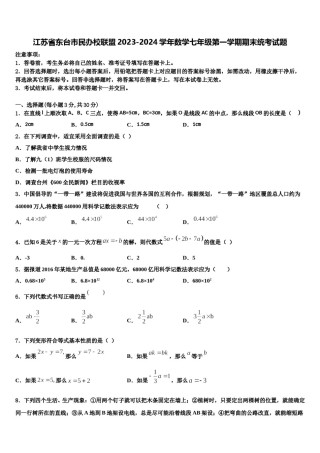 江苏省东台市民办校联盟2023-2024学年数学七年级第一学期期末统考试题含解析.doc