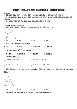 江苏省东台市第六联盟2023年七年级数学第一学期期末预测试题含解析.doc