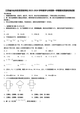 江苏省兴化市乐吾实验学校2023-2024学年数学七年级第一学期期末质量检测试题含解析.doc