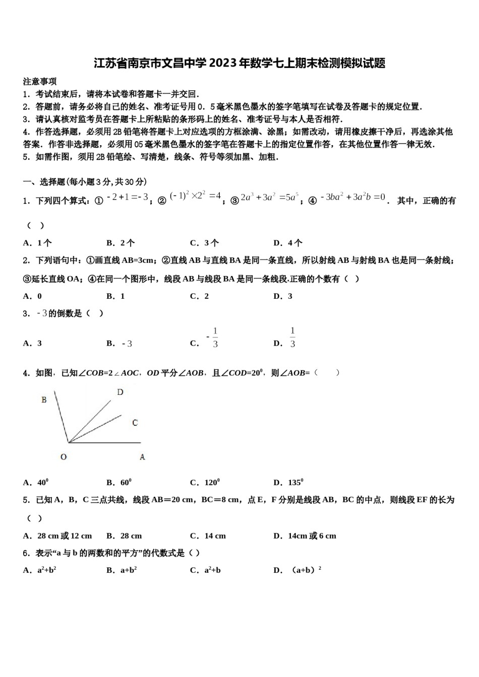 江苏省南京市文昌中学2023年数学七上期末检测模拟试题含解析.doc_第1页