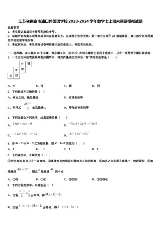 江苏省南京市浦口外国语学校2023-2024学年数学七上期末调研模拟试题含解析.doc