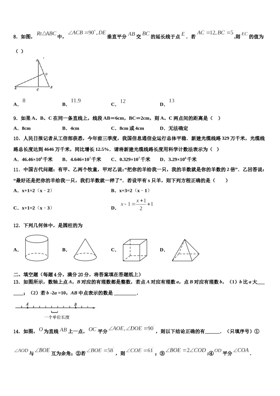江苏省南通市如皋市白蒲中学2023-2024学年数学七上期末考试模拟试题含解析.doc_第2页