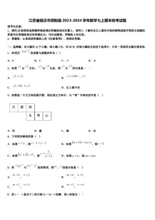 江苏省宿迁市泗阳县2023-2024学年数学七上期末统考试题含解析.doc
