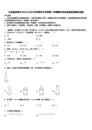 江苏省常熟市2023-2024学年数学七年级第一学期期末学业质量监测模拟试题含解析.doc