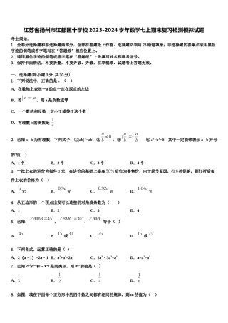 江苏省扬州市江都区十学校2023-2024学年数学七上期末复习检测模拟试题含解析.doc