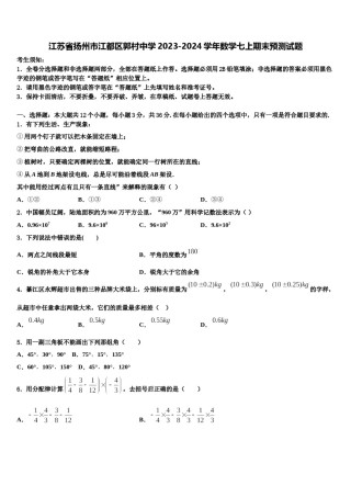 江苏省扬州市江都区郭村中学2023-2024学年数学七上期末预测试题含解析.doc
