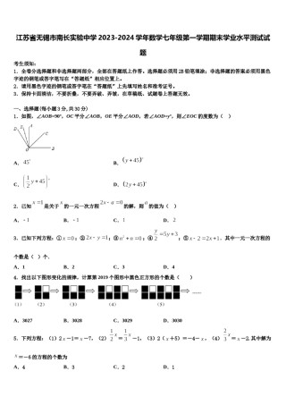 江苏省无锡市南长实验中学2023-2024学年数学七年级第一学期期末学业水平测试试题含解析.doc