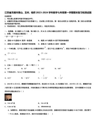 江苏省无锡市惠山、玉祁、钱桥2023-2024学年数学七年级第一学期期末复习检测试题含解析.doc