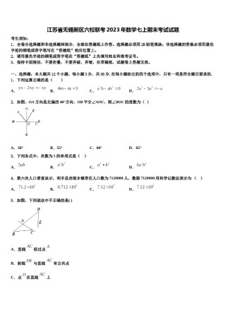 江苏省无锡新区六校联考2023年数学七上期末考试试题含解析.doc