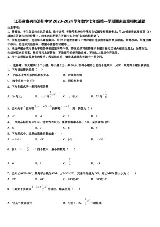 江苏省泰兴市济川中学2023-2024学年数学七年级第一学期期末监测模拟试题含解析.doc