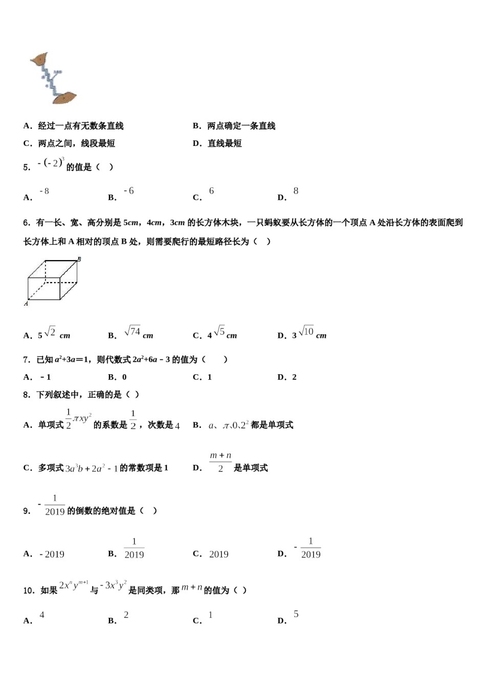 江苏省苏州区六校联考2023-2024学年数学七年级第一学期期末经典模拟试题含解析.doc_第2页