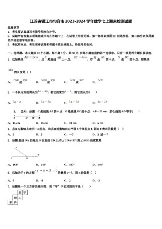 江苏省镇江市句容市2023-2024学年数学七上期末检测试题含解析.doc