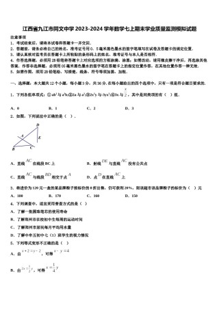 江西省九江市同文中学2023-2024学年数学七上期末学业质量监测模拟试题含解析.doc