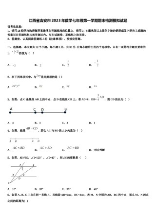 江西省吉安市2023年数学七年级第一学期期末检测模拟试题含解析.doc