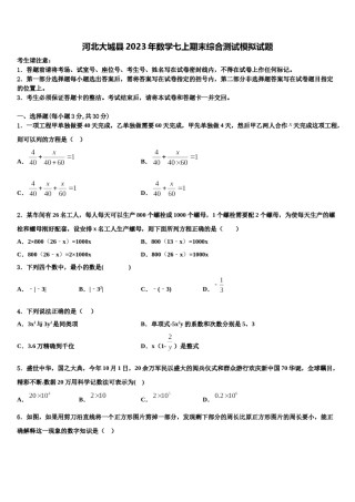 河北大城县2023年数学七上期末综合测试模拟试题含解析.doc