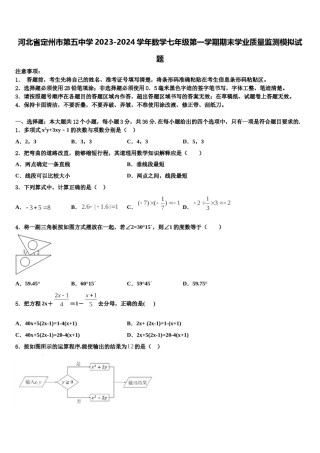 河北省定州市第五中学2023-2024学年数学七年级第一学期期末学业质量监测模拟试题含解析.doc