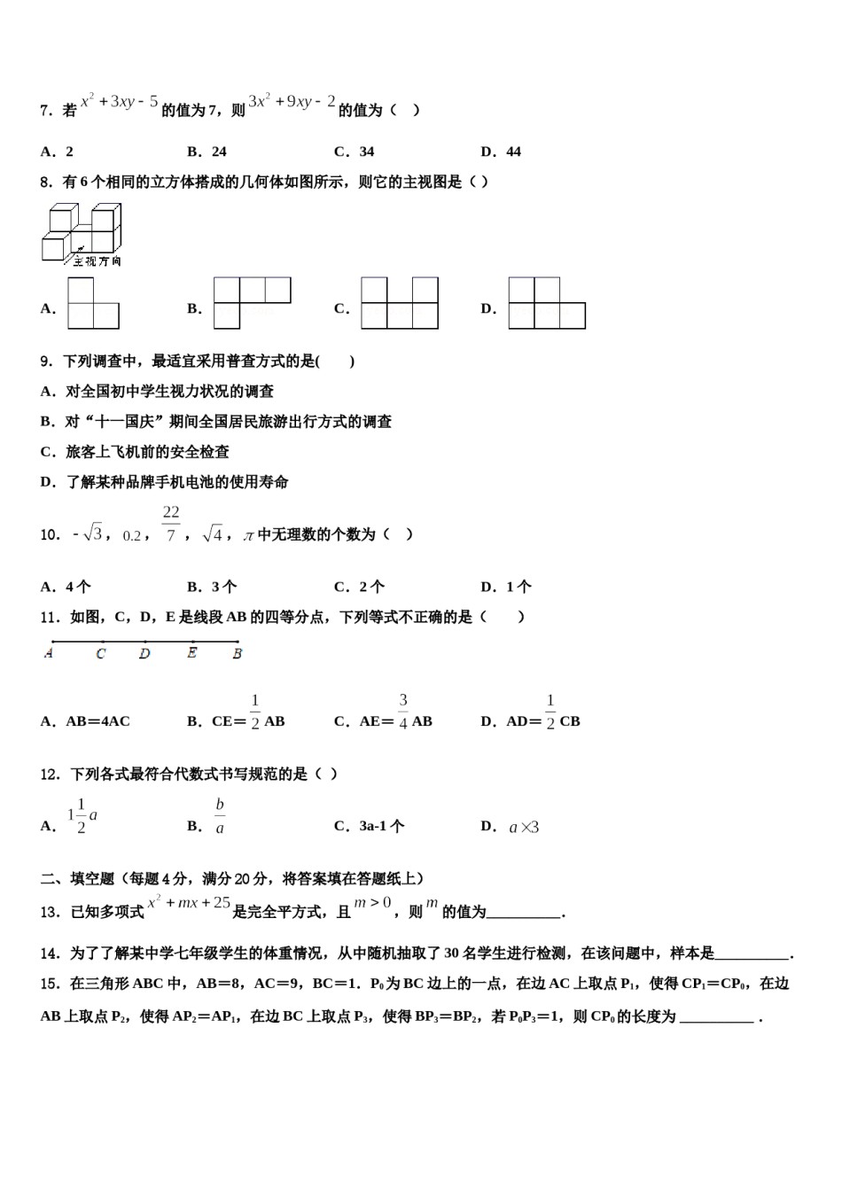 河北省武安市2023-2024学年数学七上期末学业水平测试模拟试题含解析.doc_第2页