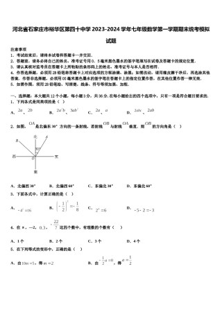 河北省石家庄市裕华区第四十中学2023-2024学年七年级数学第一学期期末统考模拟试题含解析.doc