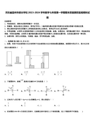 河北省霸州市部分学校2023-2024学年数学七年级第一学期期末质量跟踪监视模拟试题含解析.doc