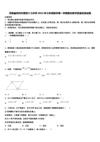 河南省郑州市第四十七中学2023年七年级数学第一学期期末教学质量检测试题含解析.doc