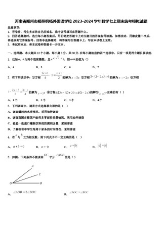 河南省郑州市郑州枫杨外国语学校2023-2024学年数学七上期末统考模拟试题含解析.doc